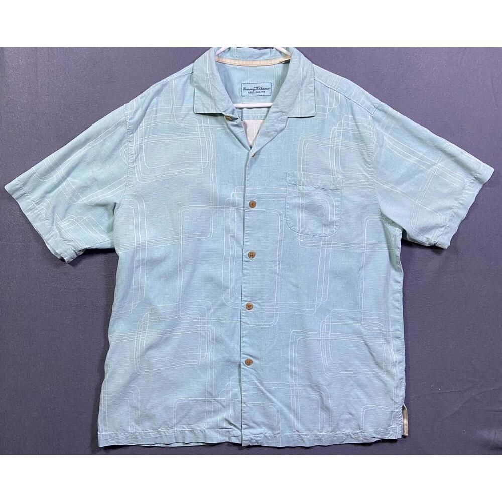 TOMMY BAHAMA Men's Retro 100% Silk Aqua Blue Geometric Button Up Shirt Size XL